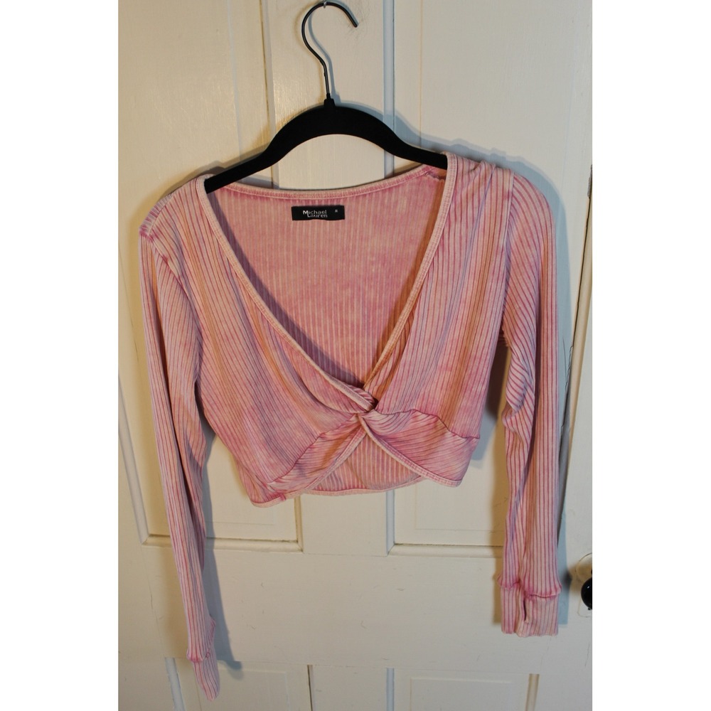 Michael Lauren Pink Mineral Wash Ribbed Twist‎ Front V-Neck Crop Top Medium
